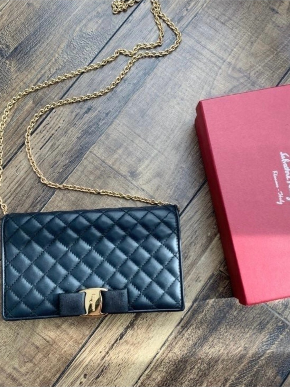 Salvatore Ferragamo Miss Vera Black Quilted Chain Shoulder Bag with Bow Accent